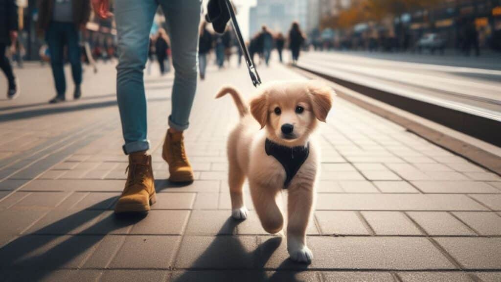 Puppy waling with owner on road