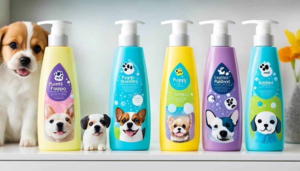 Puppy along with different types of dog shampoos