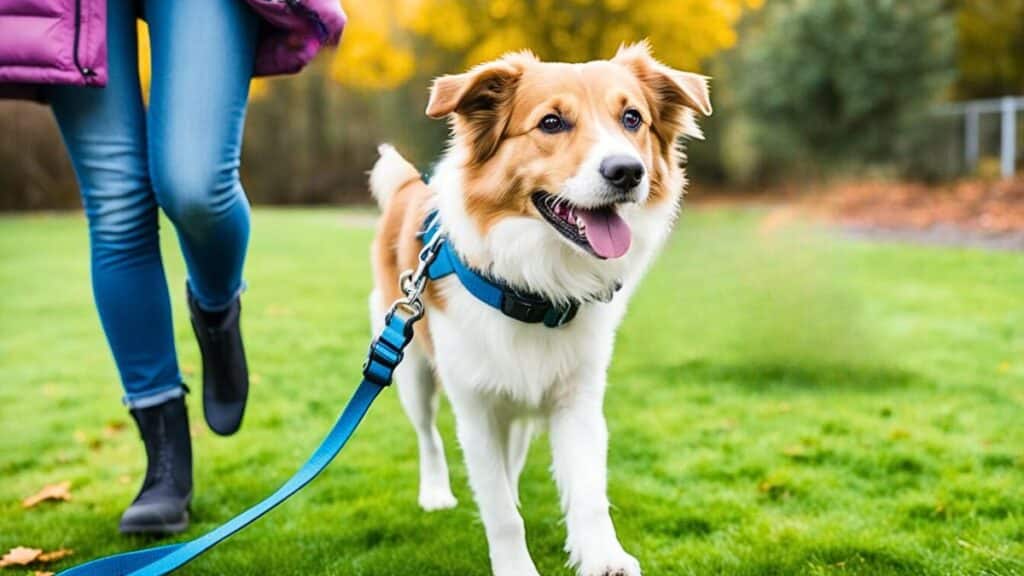 Dog standing calmly with leash lying on ground