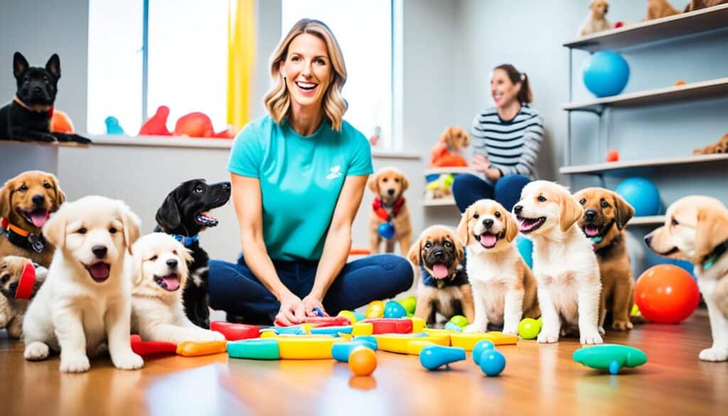 Dog Trainer surrounded by puppies