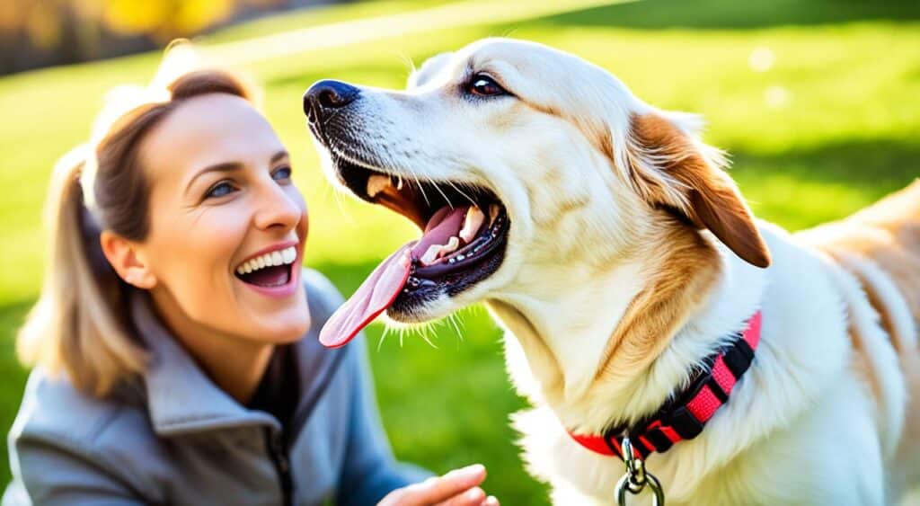 Dog owner smiling after successful loose leash walking