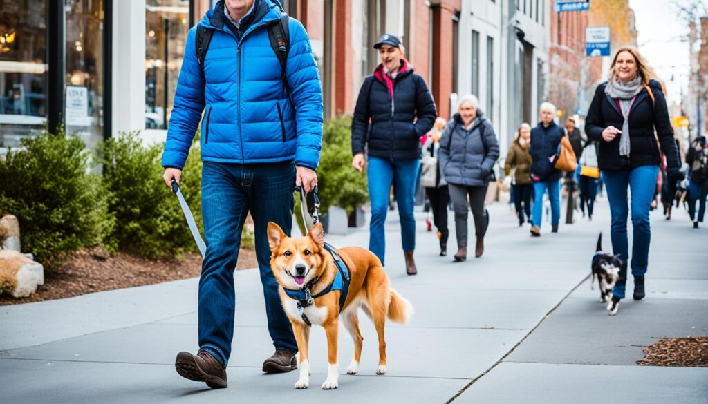 Dog owner leash walking dog on busy street