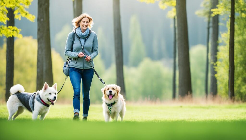 Dog owner leash walking dog in a natural surrounding