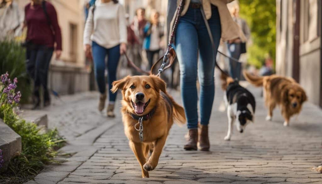 Dog owner walking with dog with leash on busy street