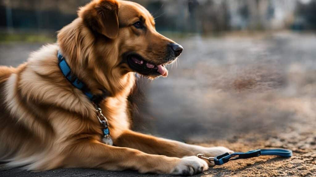 Dog comfortably sitting on ground