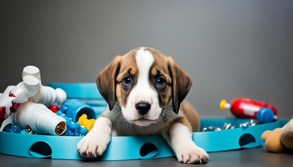 Anxious puppy with play toys