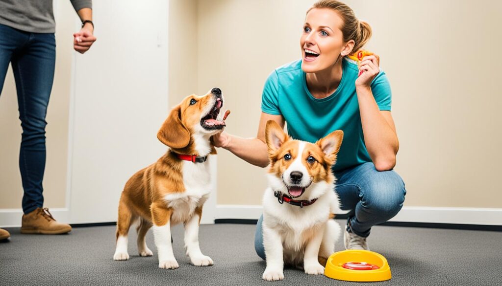 A puppy sitting and looking up at its owner with a consistent expression of eagerness and attentiveness, while the owner stands in front of them holding a clicker in one hand and a treat in the other, creating a visual representation of the importance of consistency in puppy training.