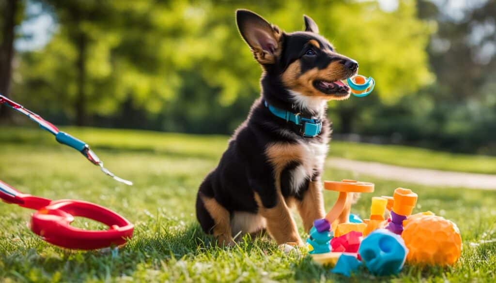 A playful puppy in a park, with various training props around it - such as a leash, treats, and toys