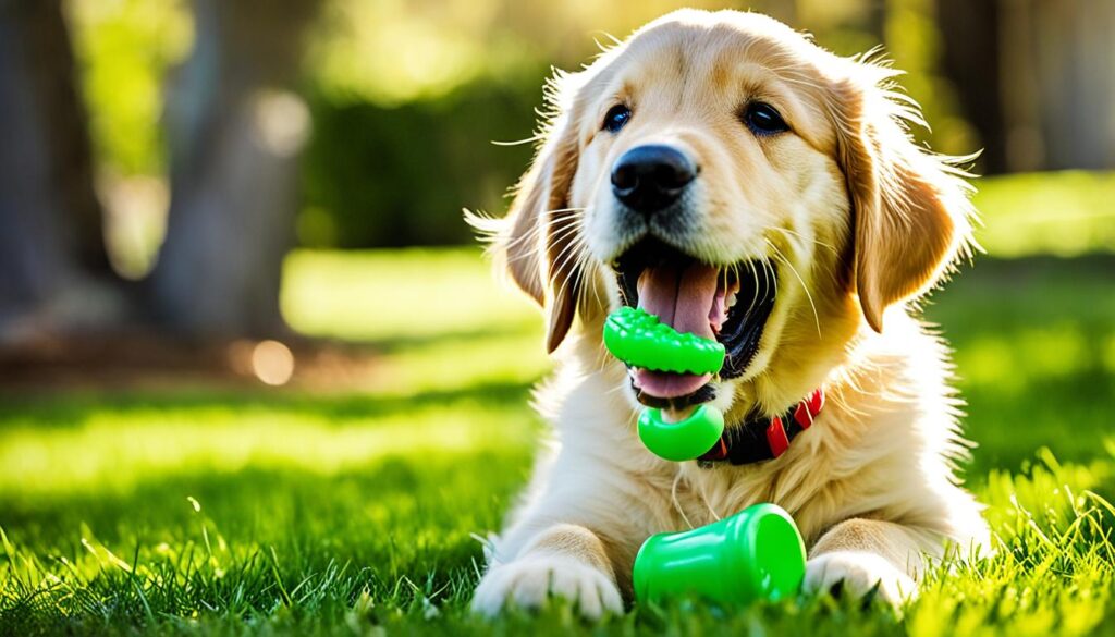 Puppy with chew toy in mouth