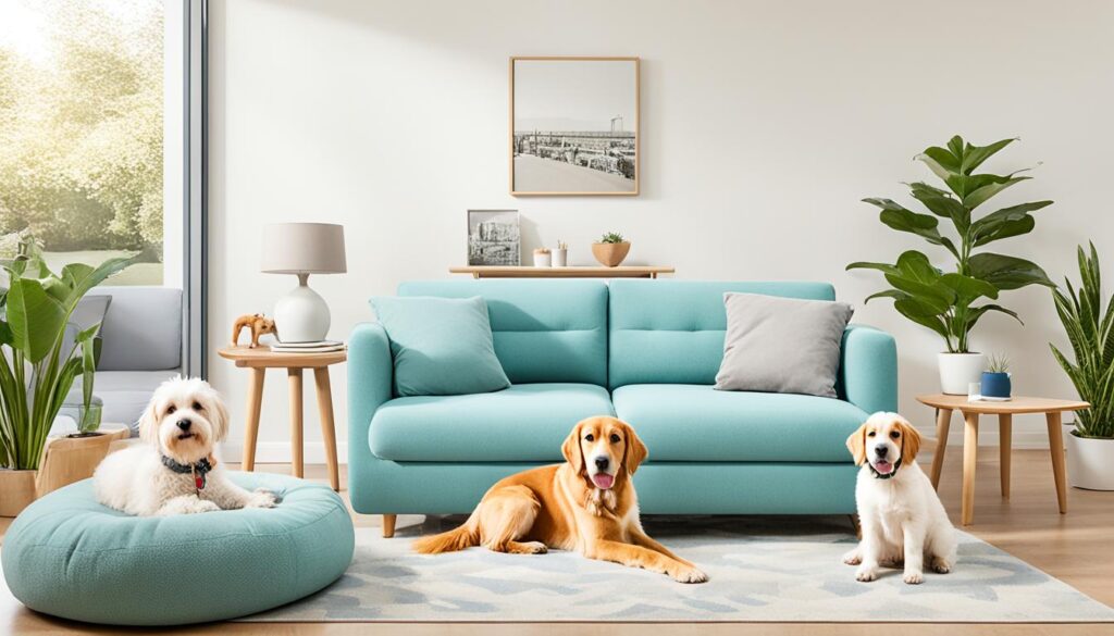 Puppy with other dogs in cozy home environment