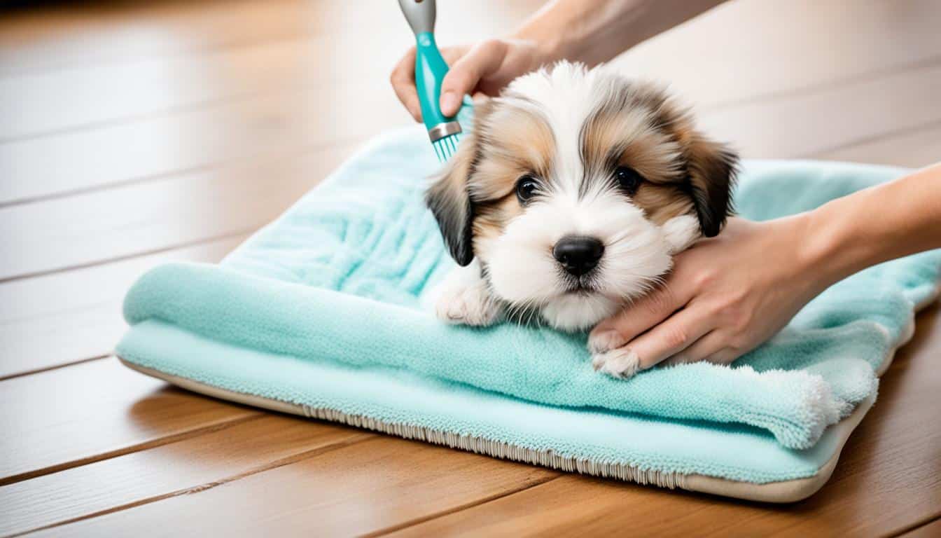 Puppy being brushed and groomed