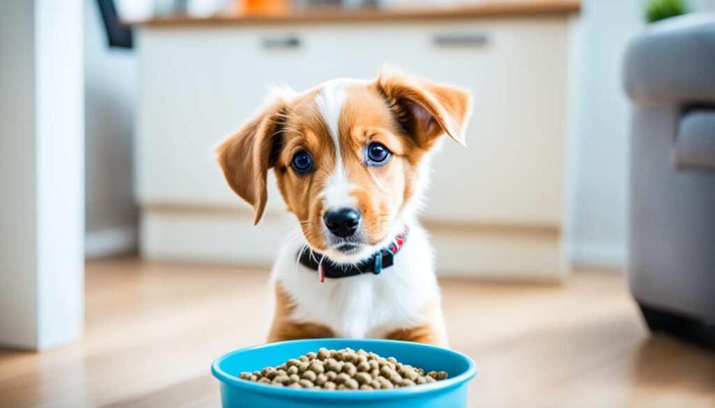 Puppy with the dog food bowl in front of him