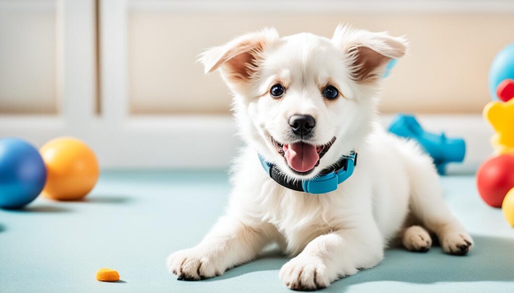 Puppy sitting happily surrounded with toys