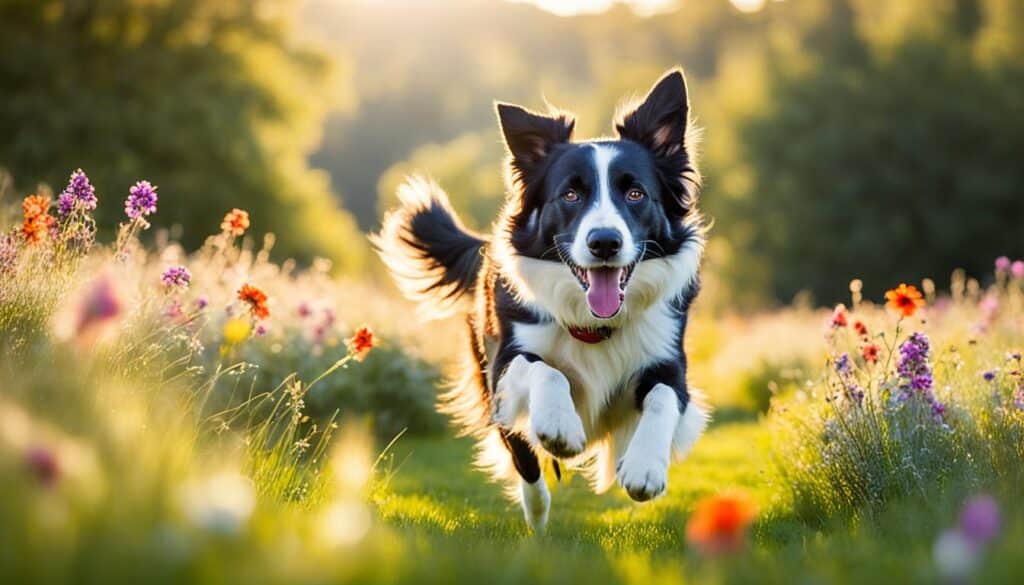 A Border Collie running through a grassy field