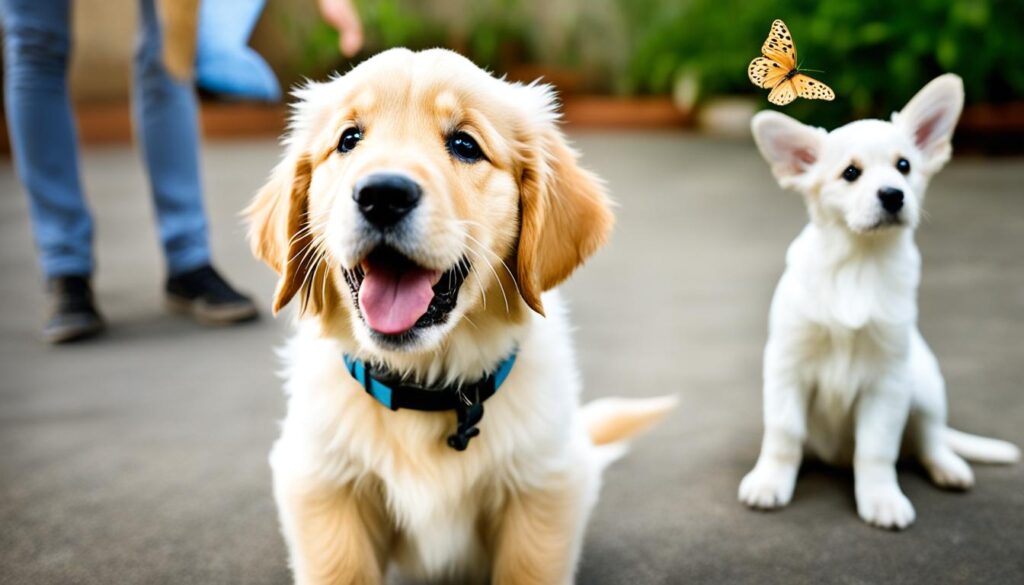 A golden retriever puppy is staring wide-eyed at a butterfly fluttering by, ignoring its owner's commands to come back