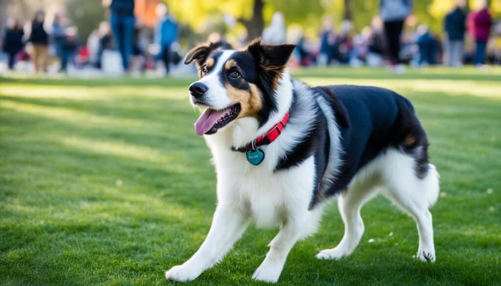 a calm and focused dog sitting in a park with distractions all around