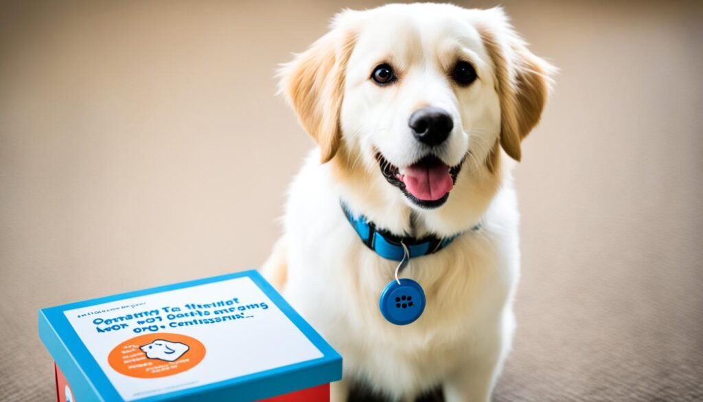 A dog along with a dog treat box