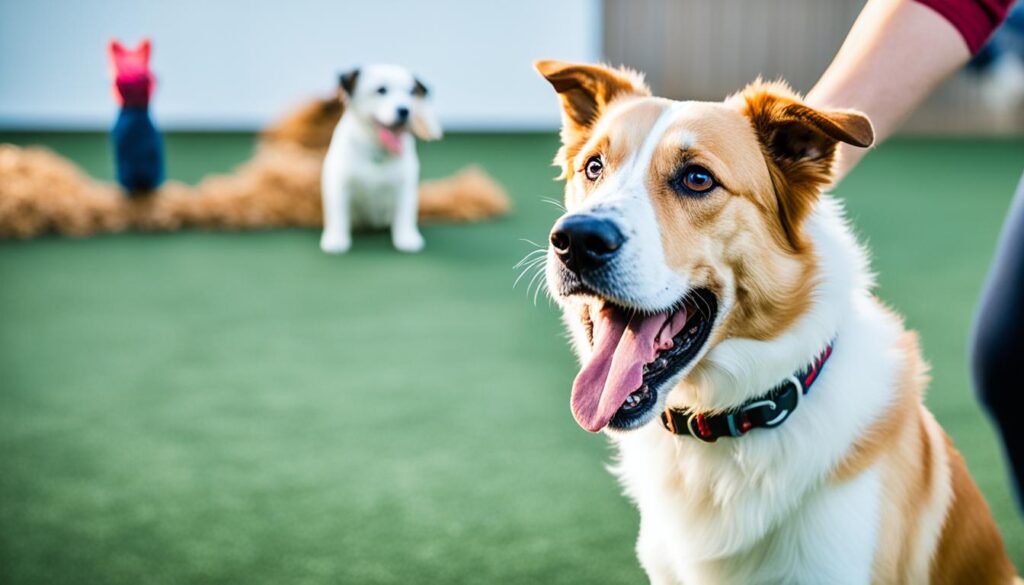 A dog sitting obediently, with its ears perked up and tail wagging eagerly in anticipation of a reward. 