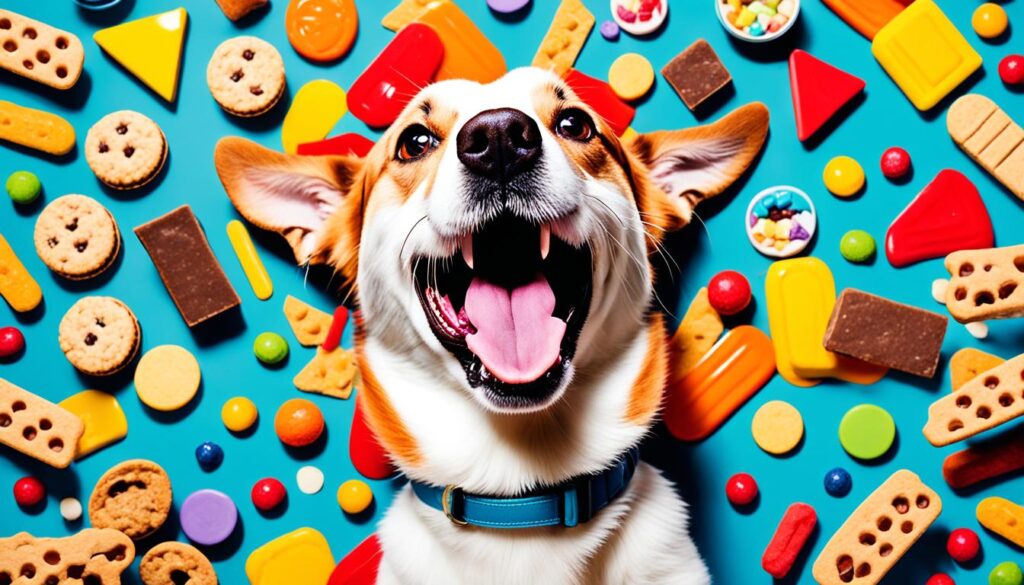 Close-up of a dog's mouth eagerly chomping down on a colorful treat, surrounded by an array of treats of different shapes and sizes.