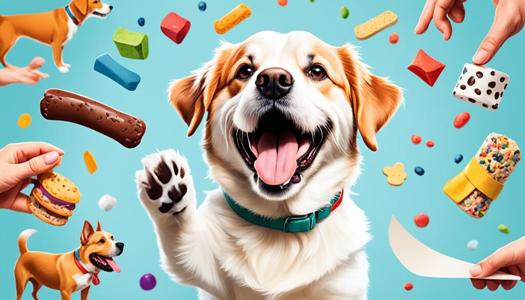 A dog surrounded by number of different treats