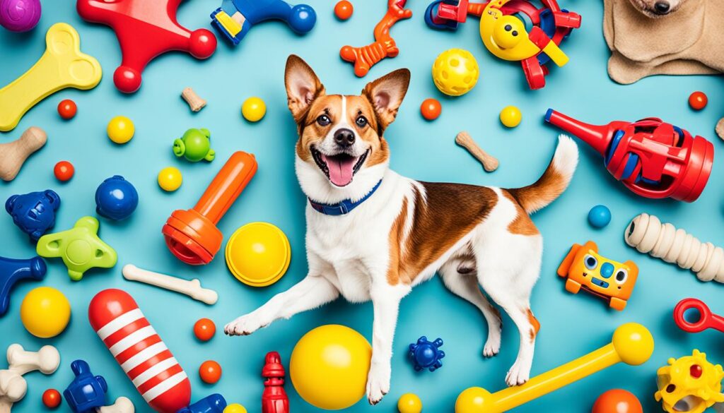 a playful dog surrounded by an assortment of colorful and durable toys