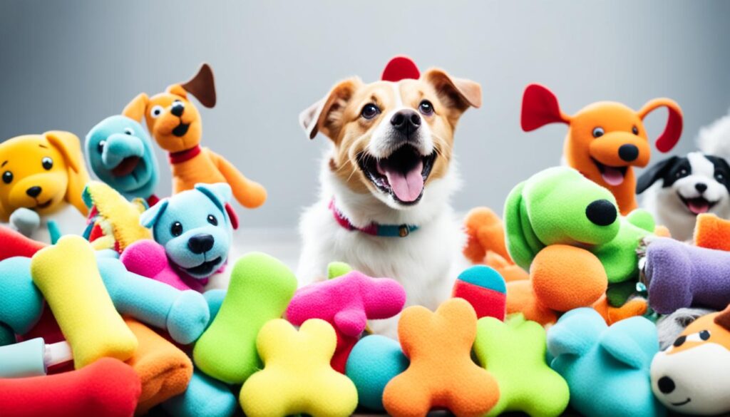 A pile of dog toys arranged from least to most desirable, with a happy dog eagerly reaching for the most desirable one.