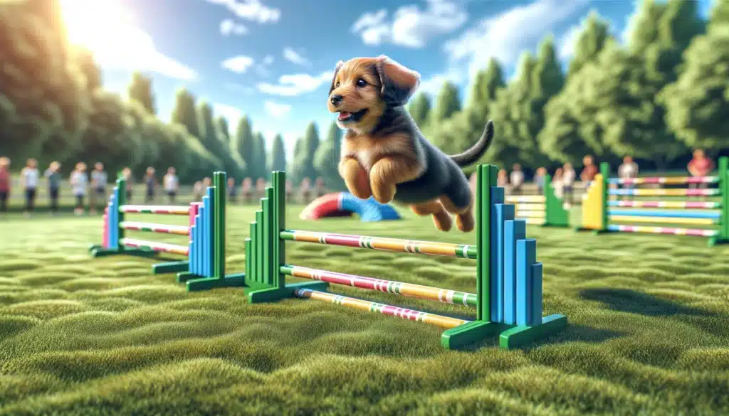 Puppy undergoing agility training for jumps