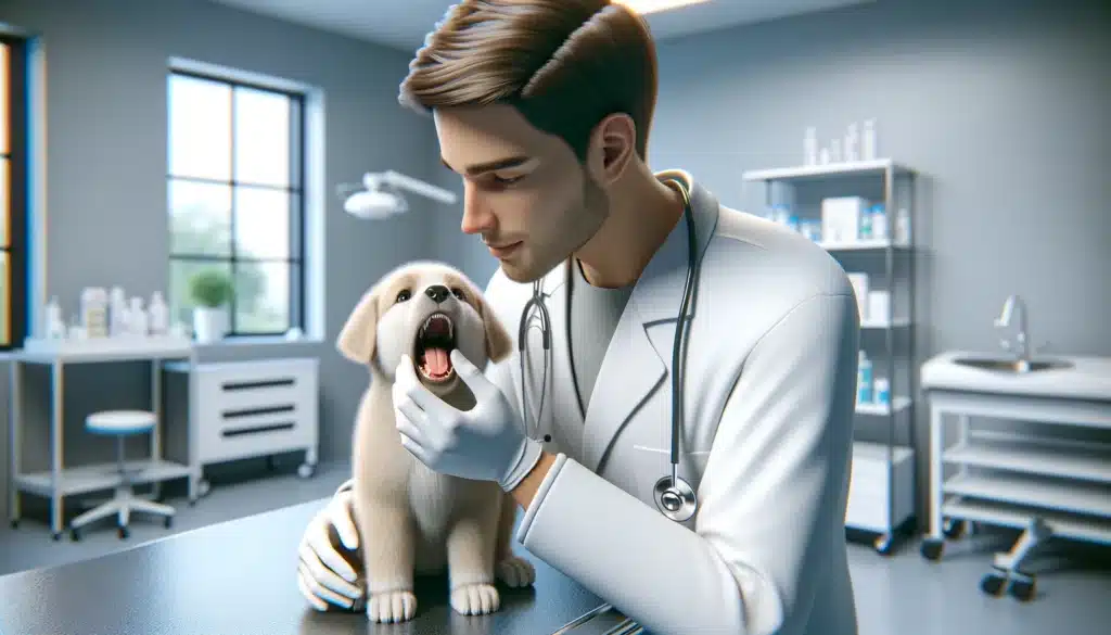 Veterinarian carefully examining the puppy's mouth for any dental problem 