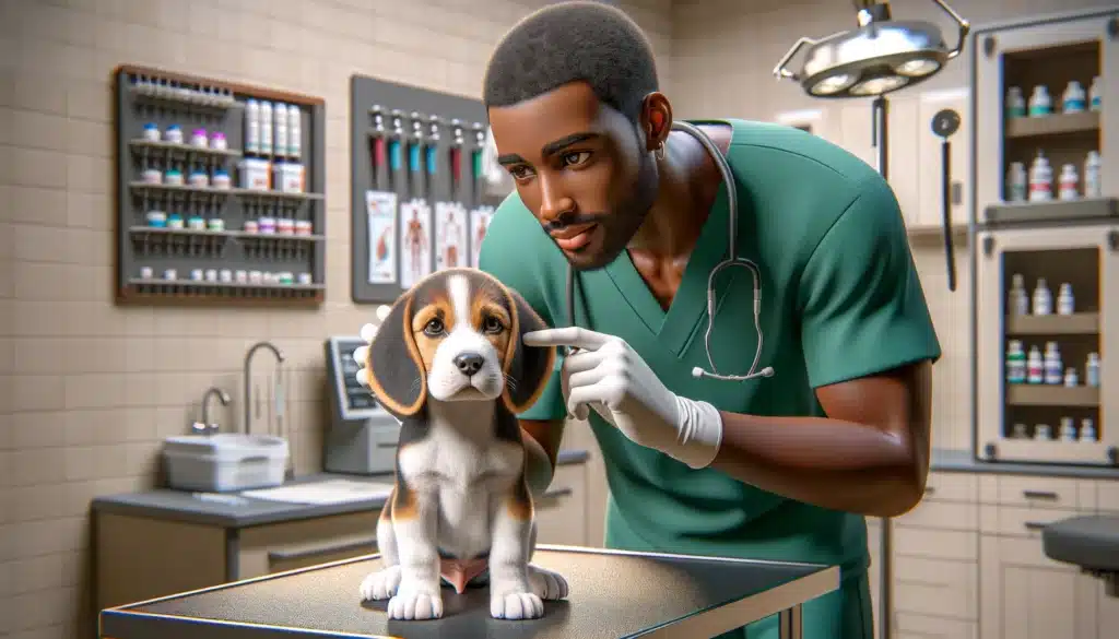 A puppy on the Vet examining table waiting to get examined by veterinarian