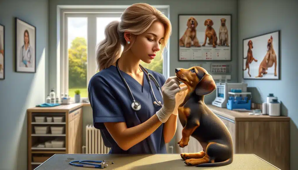 A Vet examining the puppy's ear