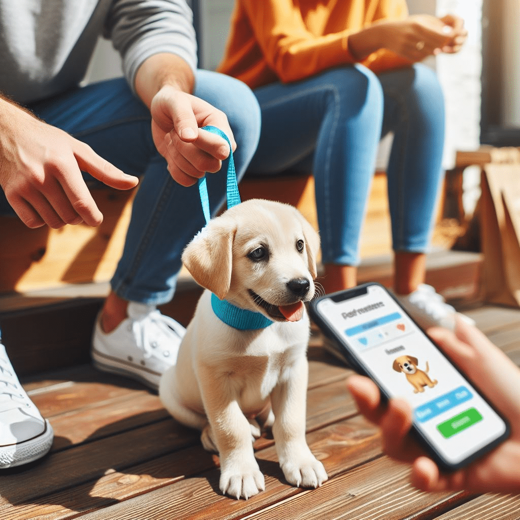 Owner and puppy following the instructions by trainer with the help of training app