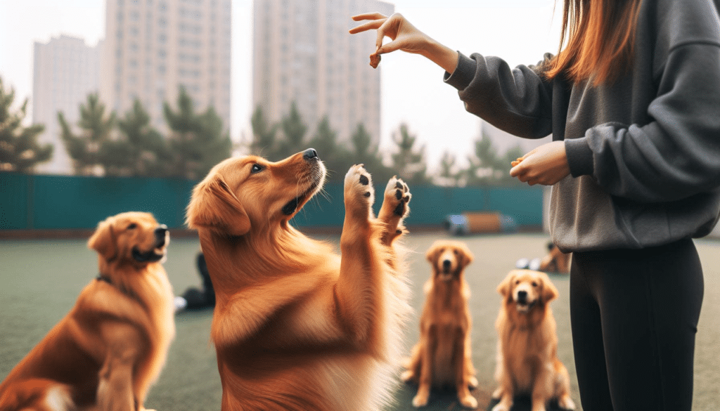 A golden retriever standing on hind legs, front paws raised in the air as if reaching for something just out of reach