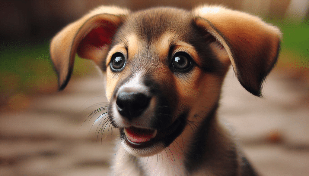 A close-up of a puppy's face with its ears perked up and its mouth slightly open