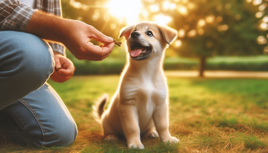 Puppy given the treat after following desired behavior command