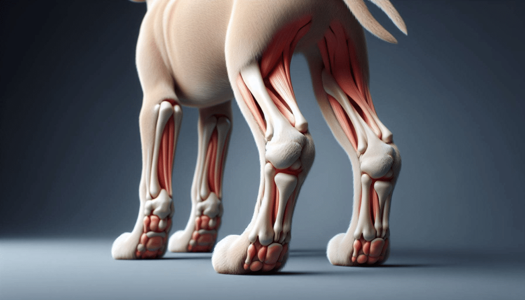 A close-up view of a puppy's hind legs, showcasing the joints and bones in detail