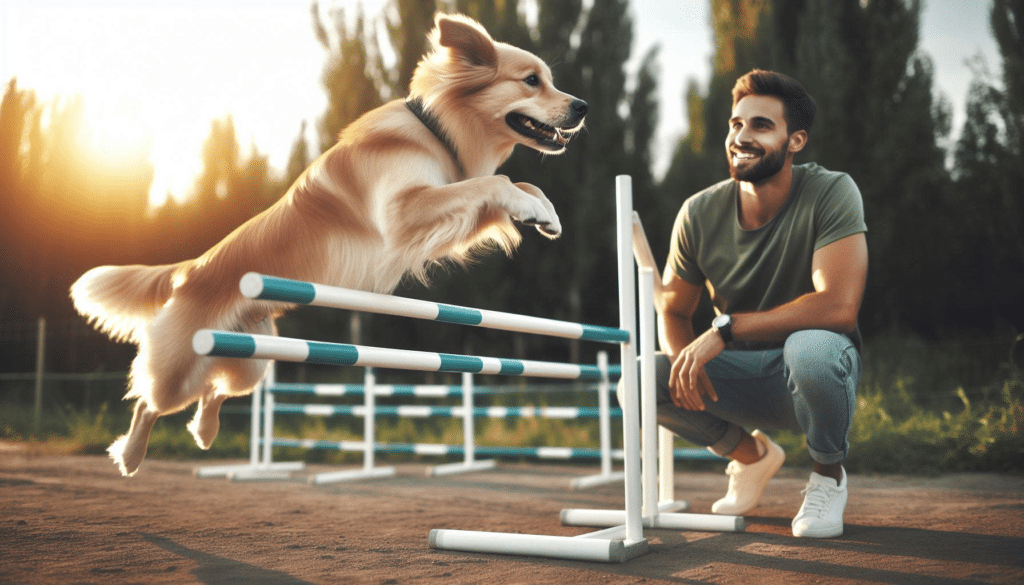 A dog jumping over hurdles with ease while its owner looks on