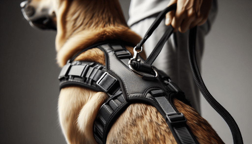 A close-up of a well-fitted harness on a dog's back with the leash attached