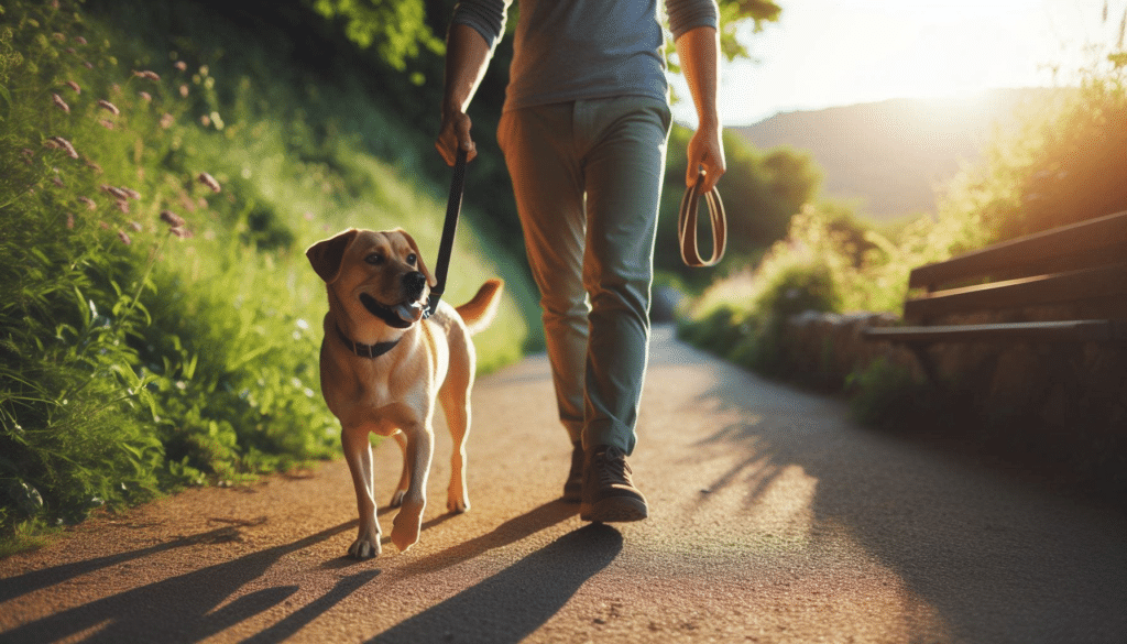 A dog and its owner walking side by side on a path, the leash hanging loosely between them. 