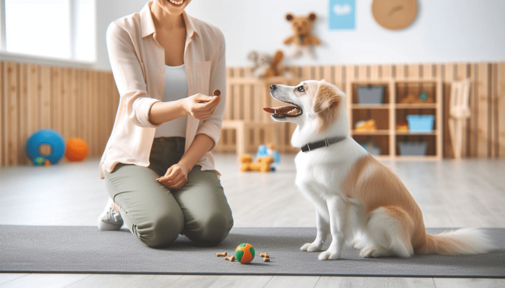 A trainer feeding a dog with treats