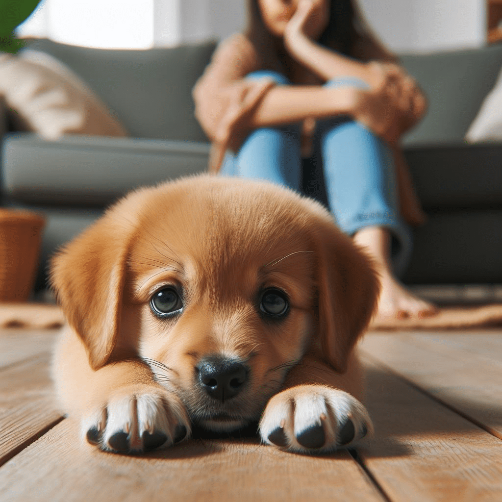 Anxious puppy sitting quietly with owner in background