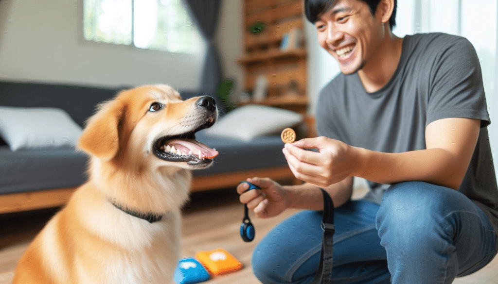 A owner showing treat to a dog while in training