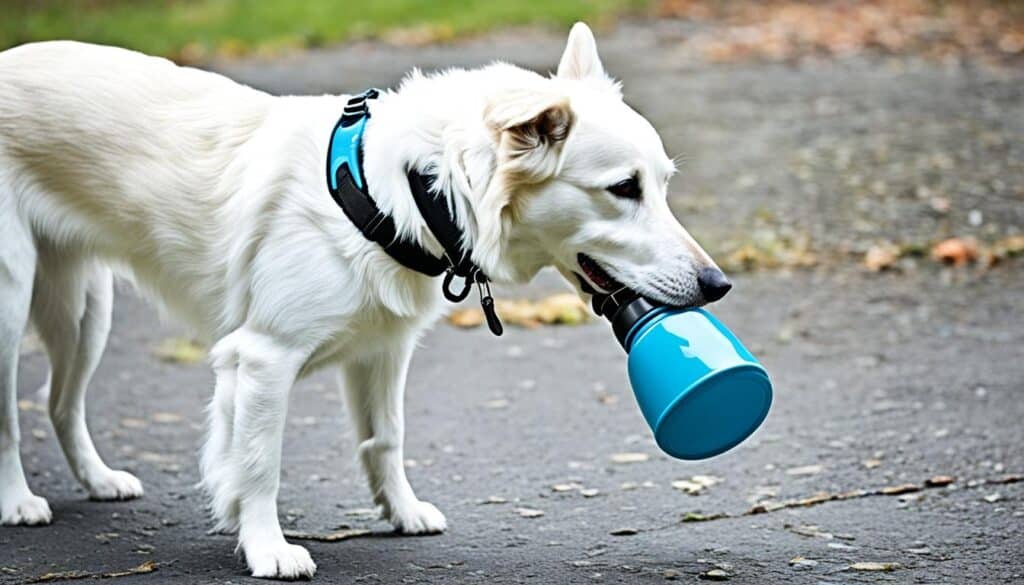 Dog with water drinking bottle