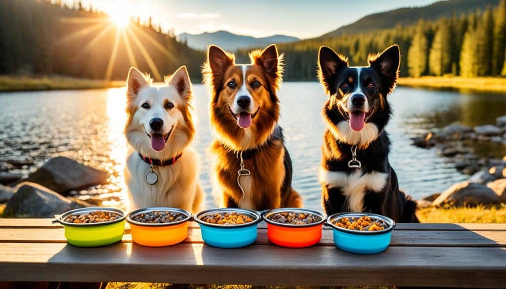 Dogs enjoying dog food at outdoor location