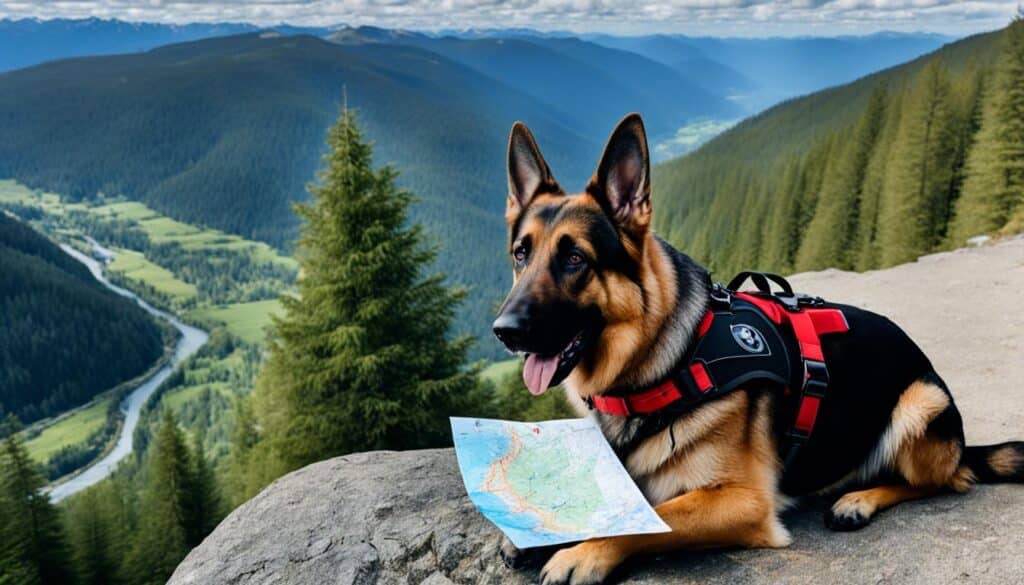 A German Shepherd wearing a red harness is sitting next to its handler on a rocky terrain