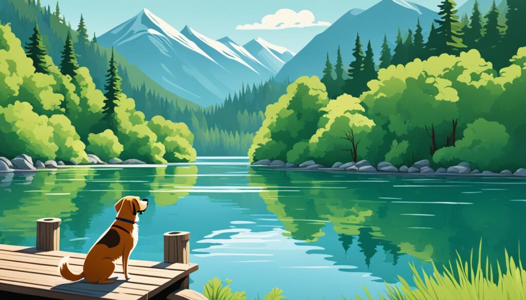 A serene lake surrounded by lush green trees and mountains, with a dock extending out into the water. In the foreground, a dog stands beside its owner, looking out at the water with interest.