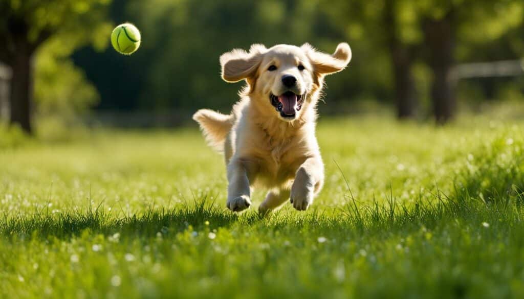 A golden retriever puppy eagerly running towards a tennis ball 