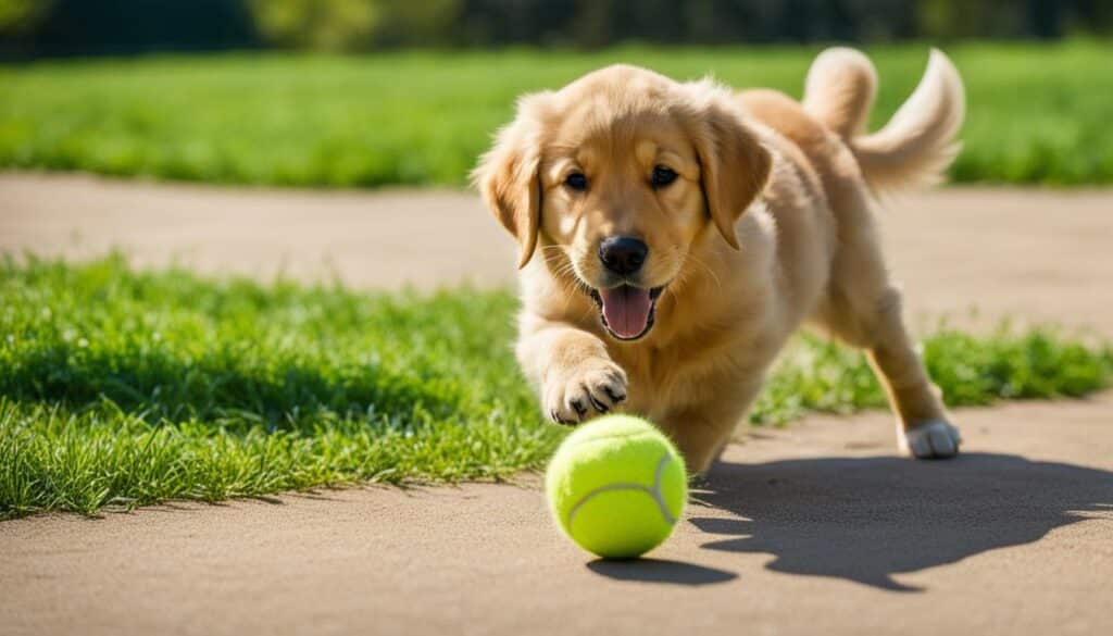 A golden retriever puppy sitting beside a tennis ball, waiting eagerly with its eyes fixated on the ball,