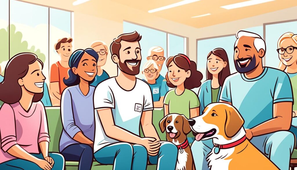 A therapy dog surrounded by a diverse group of people, calmly sitting and interacting with them