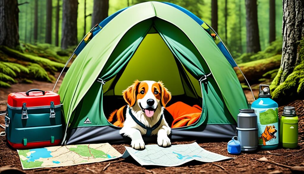 A rugged, outdoor scene of a small tent pitched in the woods. In front of the tent is a crate with an open door and a dog laying inside comfortably