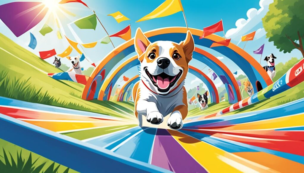 A playful dog confidently zips through a colorful tunnel obstacle course